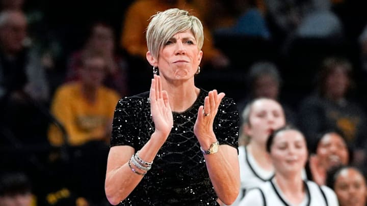Iowa head coach Jan Jensen reacts during a basketball game against the Lindenwood Lions Dec. 13, 2025 at Carver-Hawkeye Arena in Iowa City, Iowa.