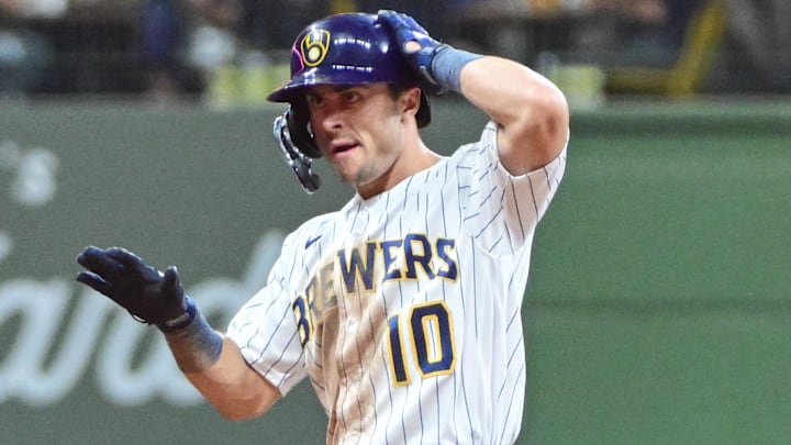 Sep 16, 2023; Milwaukee, Wisconsin, USA; Milwaukee Brewers center fielder Sal Frelick (10) reacts