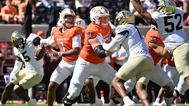Oct 4, 2025; Blacksburg, Va.; Virginia Tech quarterback Kyron Drones (1) looks to pass as offensive lineman Aidan Lynch (76) blocks.