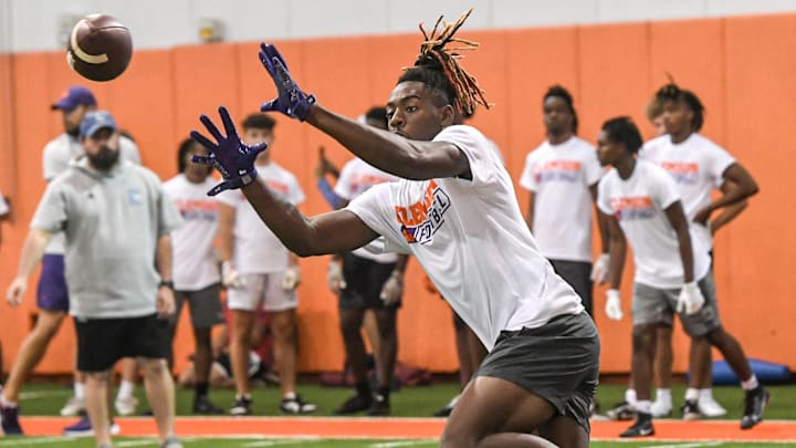 Cederian Morgan, Class of 2026 wide receiver of Benjamin Russell High school in Alexander City, Alabama, catches a ball during the 2024 Dabo Swinney Football Camp in Clemson in Clemson June 5, 2024. Morgan, 38th overall ranked in the ESPN300 2026 recruiting ranking list, announced on social media X (formerly known as Twitter) Clemson offered him June 5, 2024.
