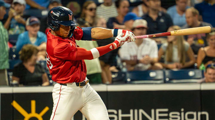 Worcester’s Kristian Campbell hits a two-run home run in the fifth inning against Lehigh Valley July 29 at Polar Park. Worcester’s Kristian Campbell hits a two-run home run in the fifth inning against Lehigh Valley July 29 at Polar Park.