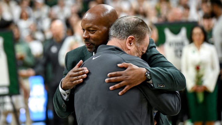 Michigan State's head coach Tom Izzo, right, hugs athletic director Alan Haller during the senior night celebration after the game against Northwestern on Wednesday, March 6, 2024, at the Breslin Center in East Lansing.
