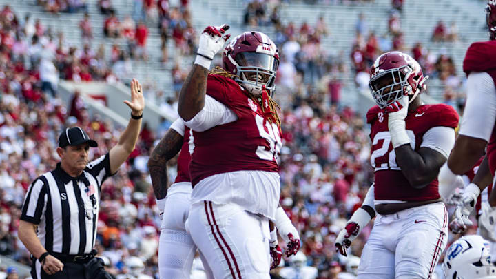 Alabama Defensive Lineman Tim Keenan III celebrates his forced fumble in the first half of the game against Eastern Illinois on November 22, 2025.