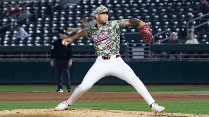 Alabama pitcher Myles Upchurch pitches the ball in the third game of the series against Rhode Island on Feb. 21, 2026.
