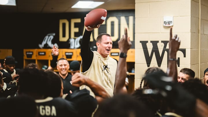Jake Dickert with the Wake Forest football team following a 10–9 victory over Kennesaw State, Aug. 29, 2025.