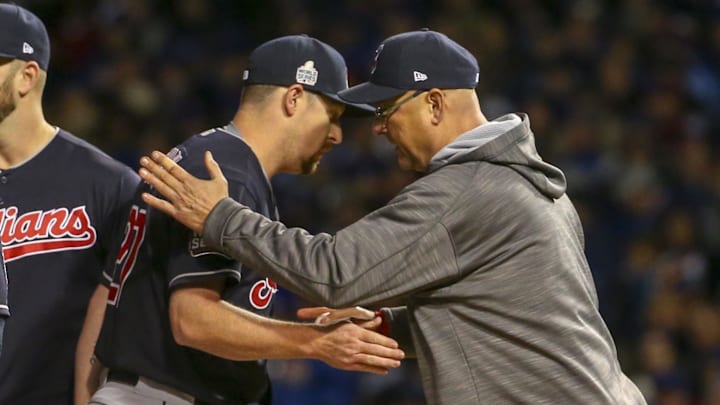 Oct 30, 2016; Chicago, IL, USA; Cleveland Indians manager Terry Francona (right) removes relief pitcher Bryan Shaw (left) during the seventh inning in game five of the 2016 World Series against the Chicago Cubs at Wrigley Field. Mandatory Credit: Jerry Lai-Imagn Images Oct 30, 2016; Chicago, IL, USA; Cleveland Indians manager Terry Francona (right) removes relief pitcher Bryan Shaw (left) during the seventh inning in game five of the 2016 World Series against the Chicago Cubs at Wrigley Field. Mandatory Credit: Jerry Lai-Imagn Images