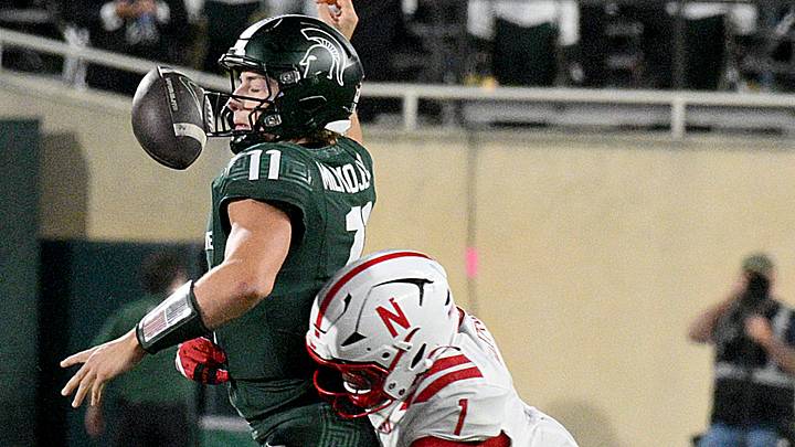 Nebraska defensive lineman Jahsear Whittington causes MSU quarterback Alessio Milivojevic to fumble in the third quarter.