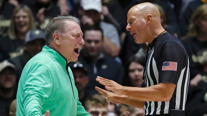 Michigan State Spartans head coach Tom Izzo talks to an official during the NCAA men   s basketball game against the Purdue Boilermakers, Saturday, March 2, 2024, at Mackey Arena in West Lafayette, Ind.