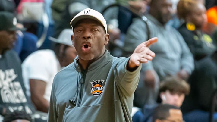Winter Haven head coach Tyrone Woodside coaches as Williston high school takes on Winter Haven High School during the Kingdom of the Sun basketball tournament at Vanguard High School in Ocala, FL on Friday, December 29, 2023. [Alan Youngblood/Ocala Star-Banner]