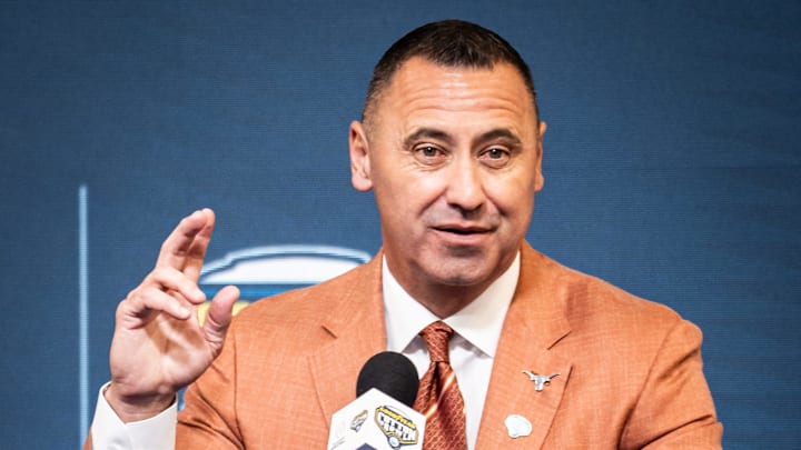 Texas Longhorns Head Coach Steve Sarkisian speaks during the Coaches' Press Conference at AT&T Stadium, Jan. 9, 2024. Both coaches answered questions from the media.