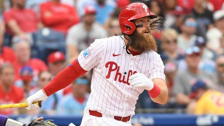 Mar 31, 2025; Philadelphia, Pennsylvania, USA; Philadelphia Phillies outfielder Brandon Marsh (16) against the Colorado Rockies at Citizens Bank Park.