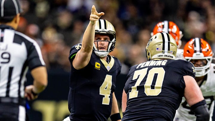 Nov 17, 2024; New Orleans, Louisiana, USA; New Orleans Saints quarterback Derek Carr (4) signals he made a first down against Cleveland Browns linebacker Mohamoud Diabate (43) during the first half at Caesars Superdome. Mandatory Credit: Stephen Lew-Imagn Images Nov 17, 2024; New Orleans, Louisiana, USA; New Orleans Saints quarterback Derek Carr (4) signals he made a first down against Cleveland Browns linebacker Mohamoud Diabate (43) during the first half at Caesars Superdome. Mandatory Credit: Stephen Lew-Imagn Images
