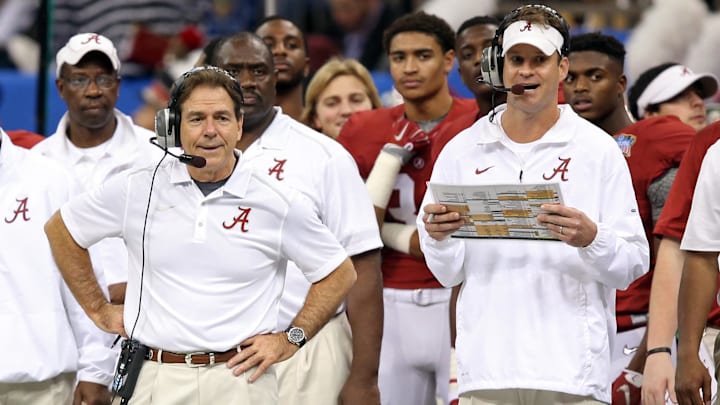 Jan 1, 2015; New Orleans, LA, USA; Alabama Crimson Tide head coach Nick Saban and offensive coordinator Lane Kiffin on the sidelines in the second quarter of the 2015 Sugar Bowl at Mercedes-Benz Superdome. Mandatory Credit: Chuck Cook-Imagn Images