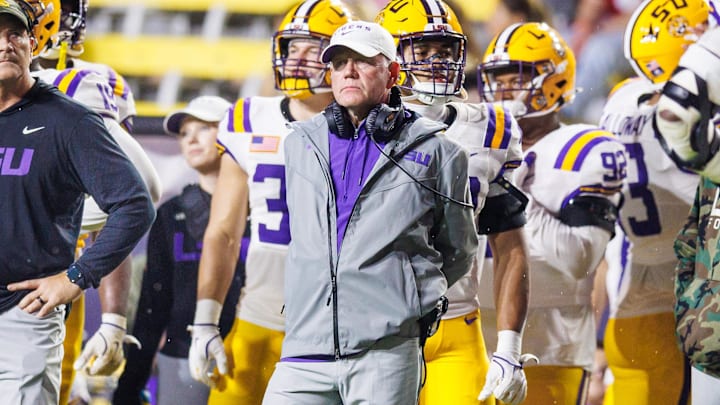 Nov 9, 2024; Baton Rouge, Louisiana, USA;  LSU Tigers head coach Brian Kelly looks on against the Alabama Crimson Tide during the second half at Tiger Stadium. Mandatory Credit: Stephen Lew-Imagn Images
