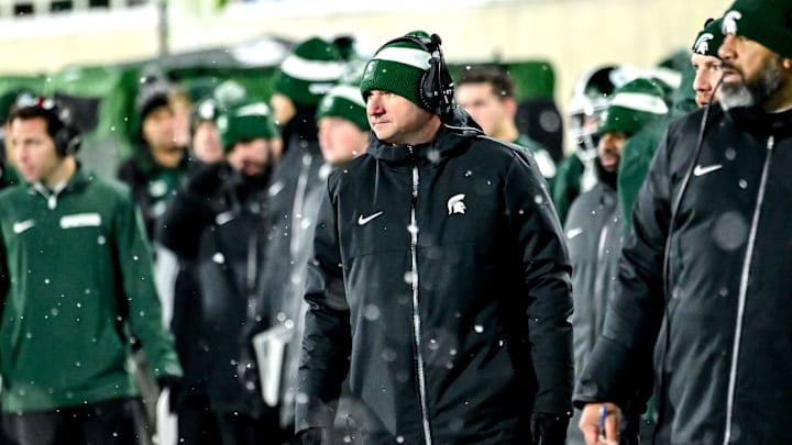 Michigan State's head coach Jonathan Smith looks on from the sideline during the third quarter in the game against Rutgers on Saturday, Nov. 30, 2024, at Spartan Stadium in East Lansing. Michigan State's head coach Jonathan Smith looks on from the sideline during the third quarter in the game against Rutgers on Saturday, Nov. 30, 2024, at Spartan Stadium in East Lansing.