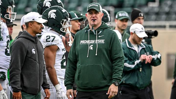 Michigan State's head coach Pat Fitzgerald looks on during the football Spring Showcase on Saturday, April 18, 2026, at Spartan Stadium in East Lansing. Michigan State's head coach Pat Fitzgerald looks on during the football Spring Showcase on Saturday, April 18, 2026, at Spartan Stadium in East Lansing.
