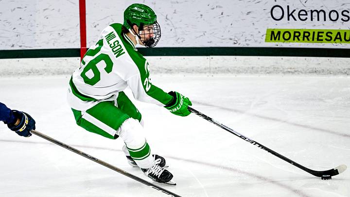 Michigan State's Eric Nilson moves the puck against Notre Dame during the first period on Thursday, Feb. 19, 2026, at the Munn Ice Arena in East Lansing. Michigan State's Eric Nilson moves the puck against Notre Dame during the first period on Thursday, Feb. 19, 2026, at the Munn Ice Arena in East Lansing.