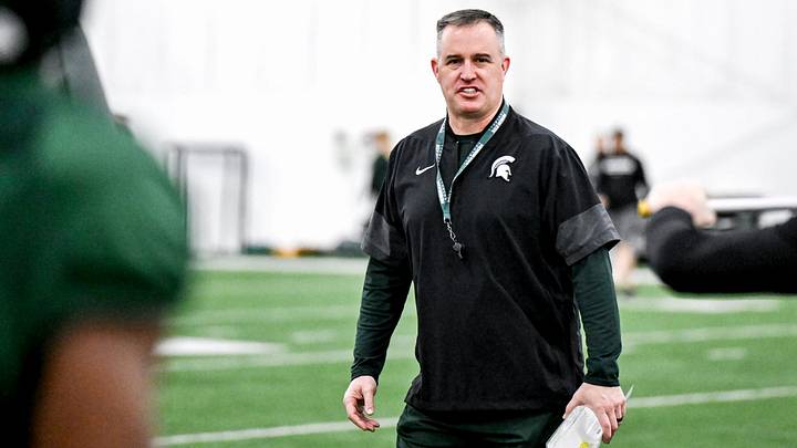 Michigan State's head coach Pat Fitzgerald instructs players during spring football practice on Tuesday, March 24, 2026, in East Lansing.