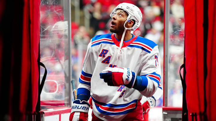 Apr 12, 2025; Raleigh, North Carolina, USA; New York Rangers defenseman K'Andre Miller (79) comes off the ice after warmups before the game against the Carolina Hurricanes at Lenovo Center. Mandatory Credit: James Guillory-Imagn Images