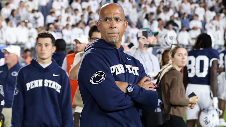 Oct 11, 2025; University Park, Pennsylvania, USA; Penn State Nittany Lions head coach James Franklin stands on the field following the game against the Northwestern Wildcats at Beaver Stadium. Mandatory Credit: Matthew O'Haren-Imagn Images