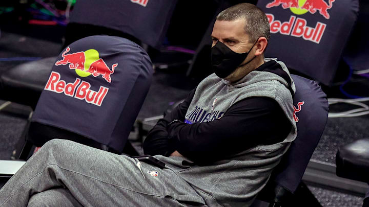 Mar 27, 2021; New Orleans, Louisiana, USA;  Dallas Mavericks assistant coach Mike Weinar looks on during warms up before the game against New Orleans Pelicans at Smoothie King Center. Mandatory Credit: Stephen Lew-Imagn Images