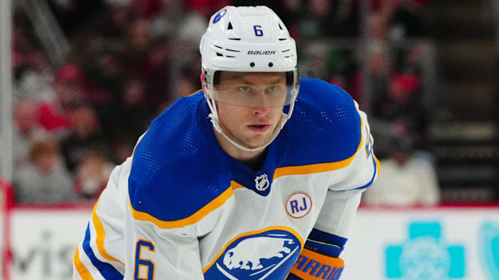 Dec 2, 2023; Raleigh, North Carolina, USA;  Buffalo Sabres defenseman Erik Johnson (6) looks on