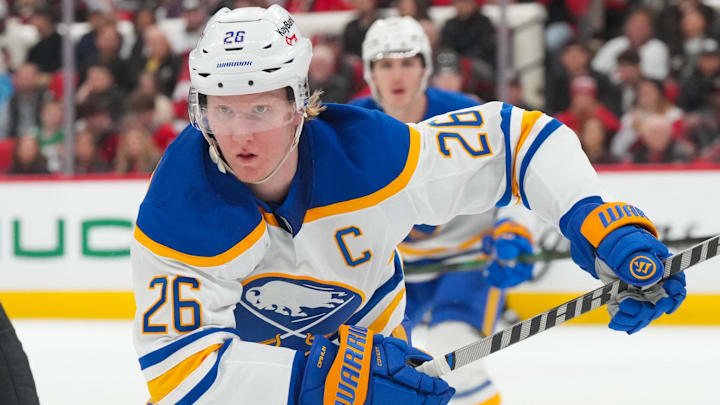 Jan 19, 2026; Raleigh, North Carolina, USA;  Buffalo Sabres defenseman Rasmus Dahlin (26) skates against the Carolina Hurricanes during the third period at Lenovo Center. Mandatory Credit: James Guillory-Imagn Images