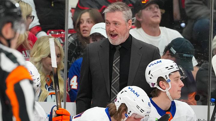 Apr 4, 2026; Raleigh, North Carolina, USA;  New York Islanders head coach Patrick Roy reacts against the Carolina Hurricanes during the first period at Lenovo Center. Mandatory Credit: James Guillory-Imagn Images