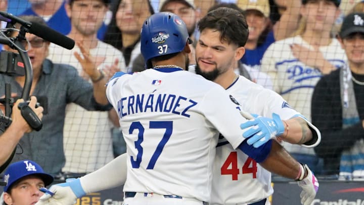 Oct 27, 2025; Los Angeles, California, USA; Los Angeles Dodgers right fielder Teoscar Hernandez (37) celebrates his solo home run with center fielder Andy Pages (44) in teh second inning against the Toronto Blue Jays during game three of the 2025 MLB World Series at Dodger Stadium. Mandatory Credit: Jayne Kamin-Oncea-Imagn Images