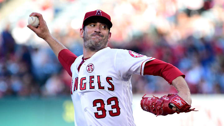 Jul 18, 2019; Anaheim, CA, USA; Los Angeles Angels starting pitcher Matt Harvey (33) has been named as a possible drug source for Tyler Skaggs.