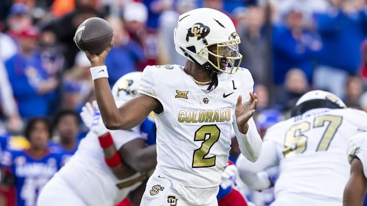 Nov 23, 2024; Kansas City, Missouri, USA;  Colorado quarterback Shedeur Sanders (2) passes the ball during the 2nd quarter between the Kansas Jayhawks and the Colorado Buffaloes at GEHA Field at Arrowhead Stadium. Mandatory Credit: Nick Tre. Smith-Imagn Images