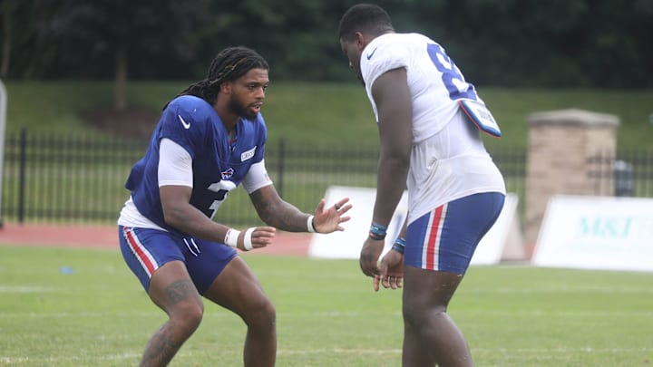 Bills Damar Hamlin works at the end of practice with Tight End Quintin Morris during Bills camp.