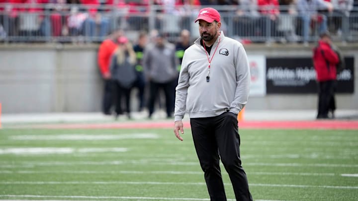 Ohio State Buckeye head coach Ryan Day watches his team in the 2nd half during the spring game at Ohio Stadium on April 12, 2025.