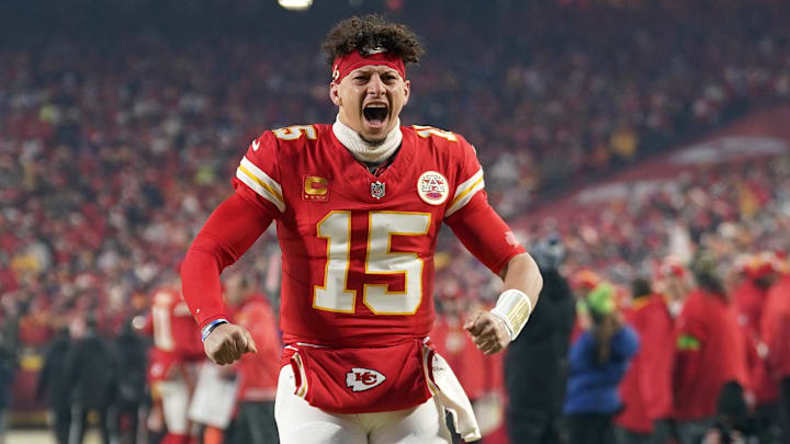 Jan 26, 2025; Kansas City, MO, USA; Kansas City Chiefs quarterback Patrick Mahomes (15) reacts before the AFC Championship game against the Buffalo Bills at GEHA Field at Arrowhead Stadium. Mandatory Credit: Denny Medley-Imagn Images Jan 26, 2025; Kansas City, MO, USA; Kansas City Chiefs quarterback Patrick Mahomes (15) reacts before the AFC Championship game against the Buffalo Bills at GEHA Field at Arrowhead Stadium. Mandatory Credit: Denny Medley-Imagn Images
