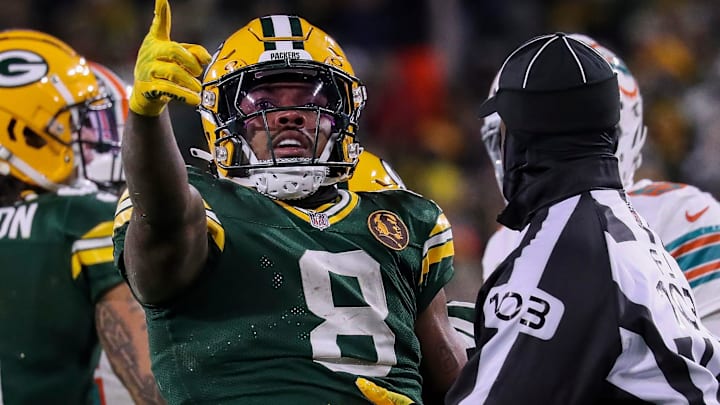 Green Bay Packers running back Josh Jacobs (8) signals for a first down at the end of a run against the Miami Dolphins on Thursday, November 28, 2024, at Lambeau Field in Green Bay, Wis. The Packers won the game, 30-17.
Tork Mason/USA TODAY NETWORK-Wisconsin