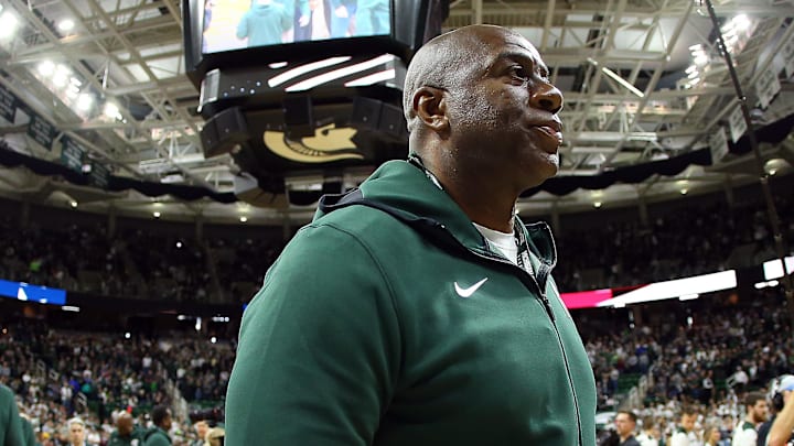 Feb 9, 2019; East Lansing, MI, USA; Magic Johnson walks off the court prior to a between the Michigan State Spartans and the Minnesota Golden Gophers at the Breslin Center. Mandatory Credit: Mike Carter-Imagn Images Feb 9, 2019; East Lansing, MI, USA; Magic Johnson walks off the court prior to a between the Michigan State Spartans and the Minnesota Golden Gophers at the Breslin Center. Mandatory Credit: Mike Carter-Imagn Images