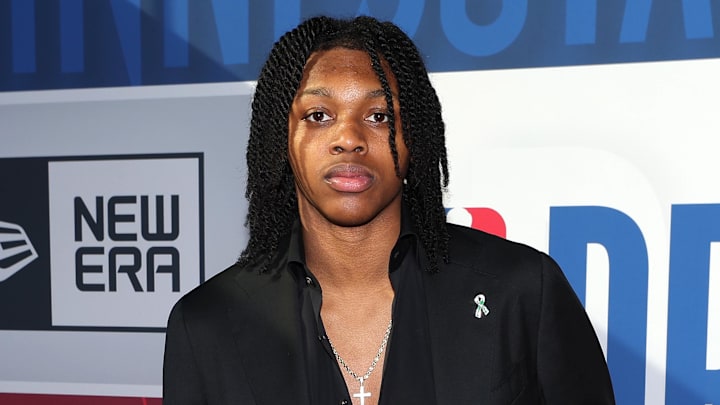 Jun 26, 2024; Brooklyn, NY, USA; Carlton Carrington arrives before the first round of the 2024 NBA Draft at Barclays Center. Mandatory Credit: Brad Penner-Imagn Images