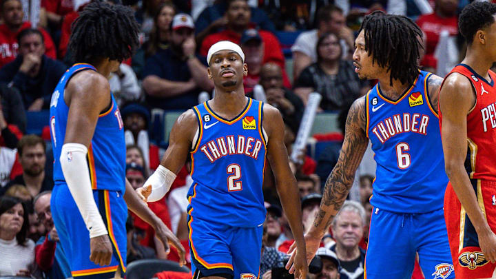 Apr 12, 2023; New Orleans, Louisiana, USA; Oklahoma City Thunder guard Shai Gilgeous-Alexander (2)