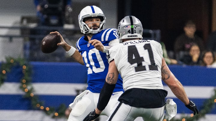 Dec 31, 2023; Indianapolis, Indiana, USA; Indianapolis Colts quarterback Gardner Minshew (10) passes