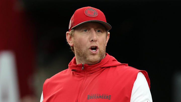 Aug 23, 2024; Tampa, Florida, USA;  Tampa Bay Buccaneers offensive coordinator Liam Coen looks on before the game against the Miami Dolphins at Raymond James Stadium. Mandatory Credit: Kim Klement Neitzel-Imagn Images