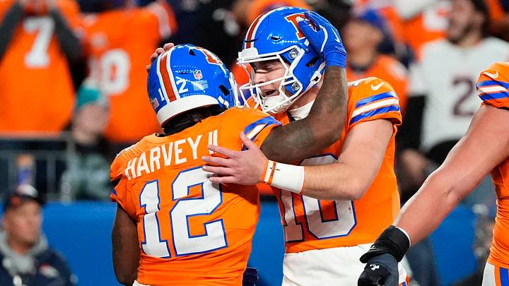 Oct 15, 2026; Denver, Colorado, USA; Denver Broncos running back RJ Harvey (12) celebrates a touchdonw with quarterback Bo Nix (10) in the second quarter against the Seattle Seahawks at Empower Field at Mile High. Oct 15, 2026; Denver, Colorado, USA; Denver Broncos running back RJ Harvey (12) celebrates a touchdonw with quarterback Bo Nix (10) in the second quarter against the Seattle Seahawks at Empower Field at Mile High.