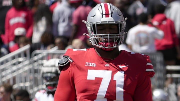 April 13, 2024; Columbus, Ohio, USA; Ohio State Buckeyes offensive tackle Josh Simmons (71) competes during the first half of the LifeSports spring football game at Ohio Stadium on Saturday.