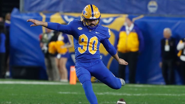 Nov 16, 2023; Pittsburgh, Pennsylvania, USA; Pittsburgh Panthers place kicker Ben Sauls (90) kicks off to the Boston College Eagles during the second quarter at Acrisure Stadium. Mandatory Credit: Charles LeClaire-Imagn Images Nov 16, 2023; Pittsburgh, Pennsylvania, USA; Pittsburgh Panthers place kicker Ben Sauls (90) kicks off to the Boston College Eagles during the second quarter at Acrisure Stadium. Mandatory Credit: Charles LeClaire-Imagn Images