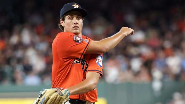 Jun 21, 2024; Houston, Texas, USA; Houston Astros starting pitcher Jake Bloss (39) stretches before pitching against the Baltimore Orioles in the second inning at Minute Maid Park. Jun 21, 2024; Houston, Texas, USA; Houston Astros starting pitcher Jake Bloss (39) stretches before pitching against the Baltimore Orioles in the second inning at Minute Maid Park.