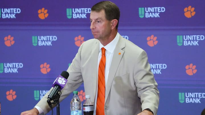 Clemson head coach Dabo Swinney talks with media after the game at Memorial Stadium Saturday, August 31, 2025 in Clemson, S.C.