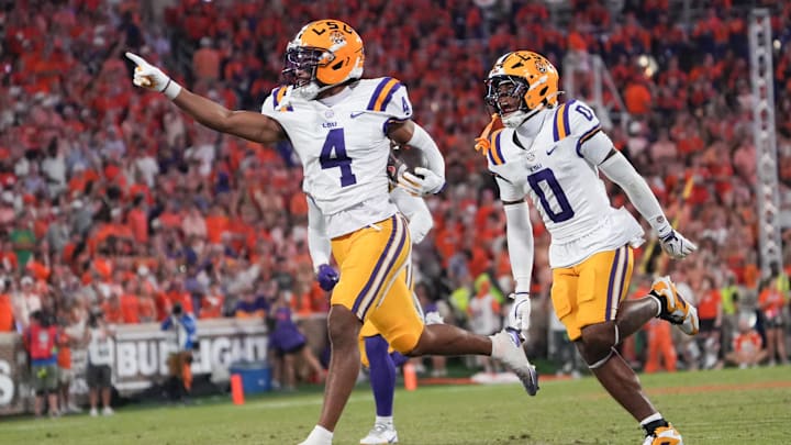 Louisiana State University cornerback Mansoor Delane (4) reacts during the third quarter at Memorial Stadium in Clemson, S.C. Saturday, August 30, 2025.