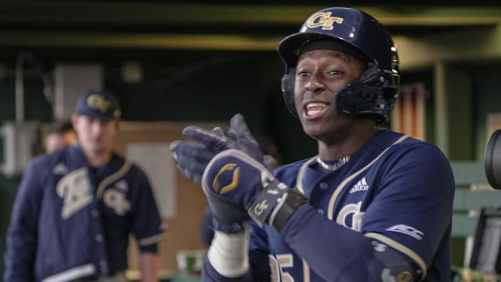 Georgia Tech junior Vahn Lackey (25) reacts after scoring during the top of the third inning at Doug Kingsmore Stadium in Clemson, S.C. Thursday, March 12, 2026.