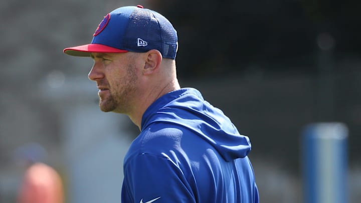 Buffalo Bills offensive coordinator Joe Brady keeps an eye on drills at St. John Fisher University in Pittsford, Friday, July 26, 2024.