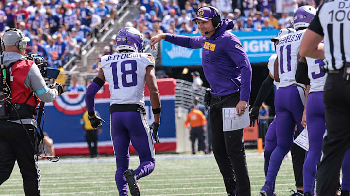 Sep 8, 2024; East Rutherford, New Jersey, USA; Minnesota Vikings wide receiver Justin Jefferson (18) celebrates head coach Kevin O'Connell after his touchdown reception during the first half against the New York Giants at MetLife Stadium. Mandatory Credit: Vincent Carchietta-Imagn Images Sep 8, 2024; East Rutherford, New Jersey, USA; Minnesota Vikings wide receiver Justin Jefferson (18) celebrates head coach Kevin O'Connell after his touchdown reception during the first half against the New York Giants at MetLife Stadium. Mandatory Credit: Vincent Carchietta-Imagn Images