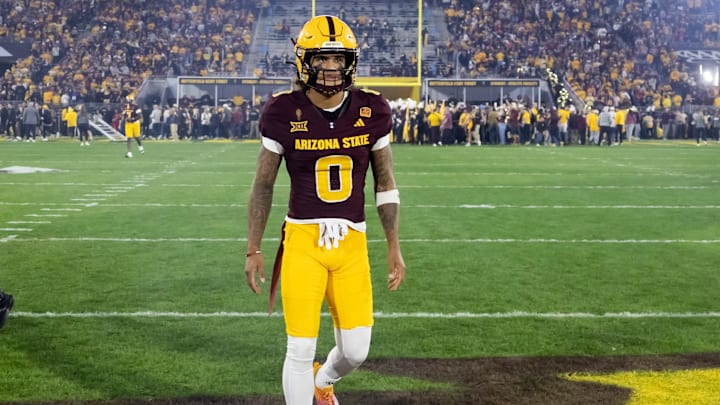 Nov 28, 2025; Tempe, Arizona, USA; Arizona State Sun Devils wide receiver Jordyn Tyson (0) against the Arizona Wildcats during the 99th Territorial Cup at Mountain America Stadium. Mandatory Credit: Mark J. Rebilas-Imagn Images